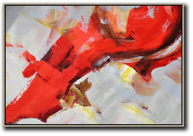 Horizontal Palette Knife Contemporary Art,Large Living Room Wall Decor,Red,Grey,Yellow